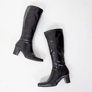 Pleather Calf Boots Square Toe Fitted Tight Faux Leather PVC